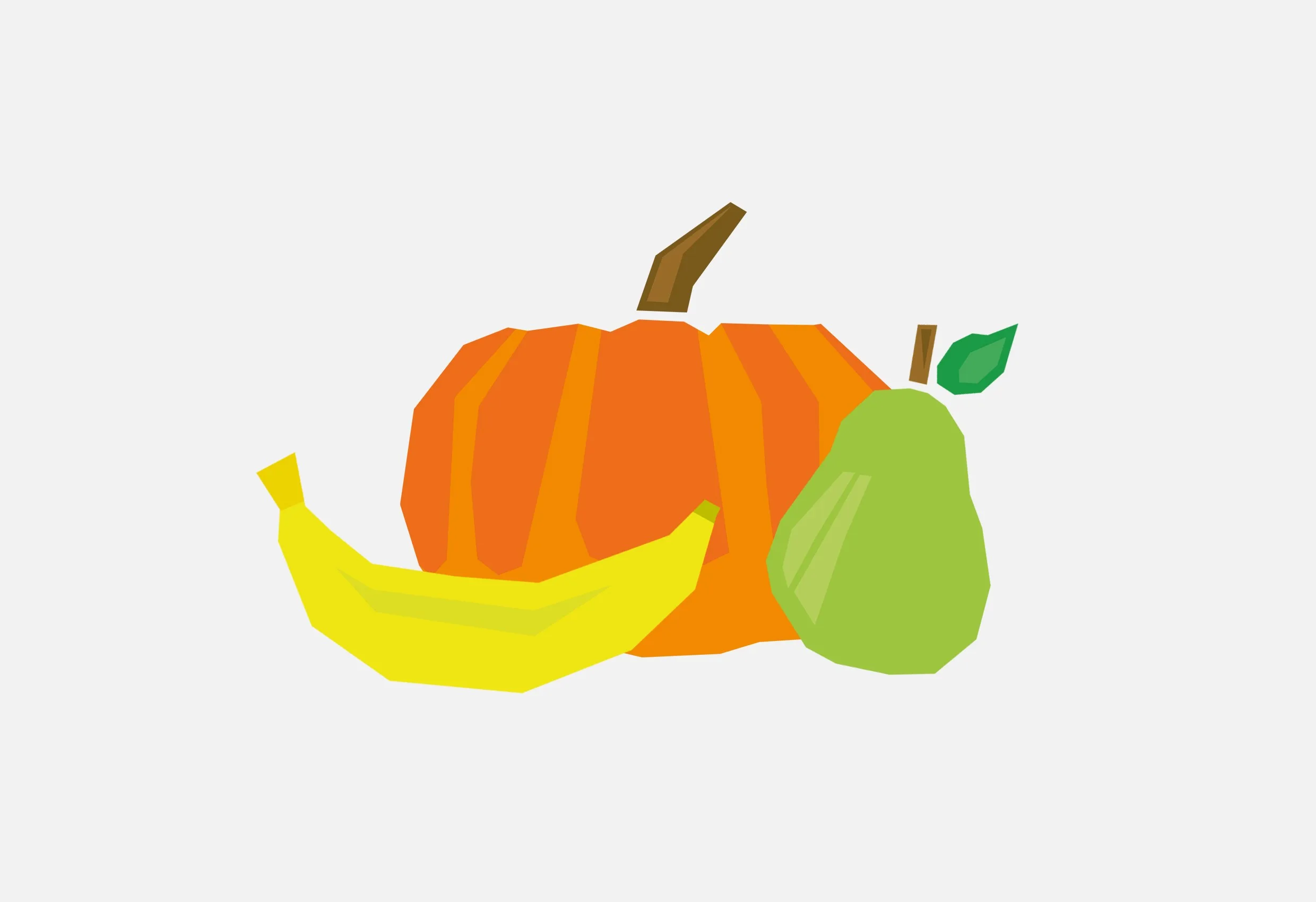 Tecknad pumpa, banan och päron i orange, gult och grönt