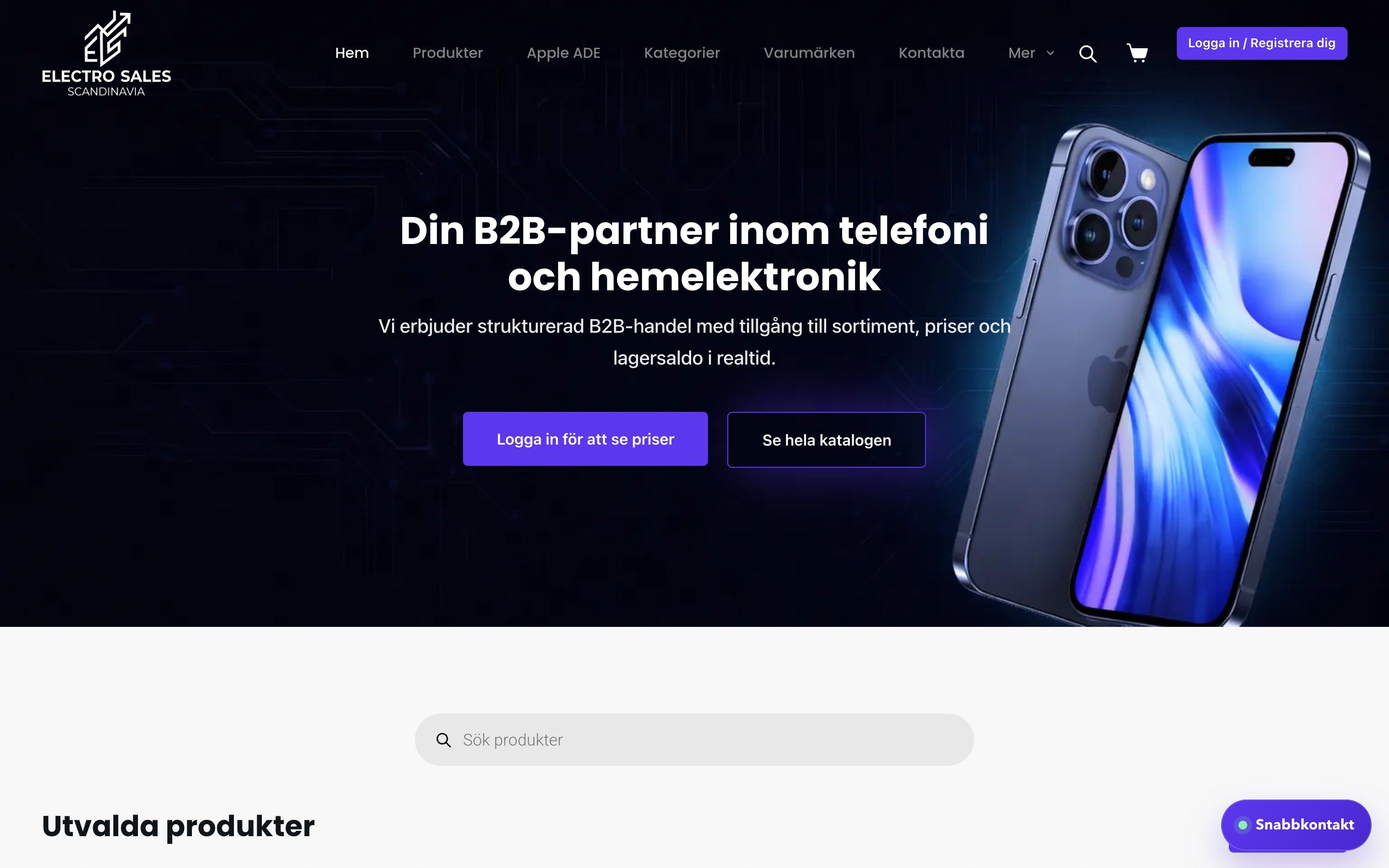 Startsidan på electrosales.se: rubriken ”Din B2B-partner inom telefoni och hemelektronik” och en mobiltelefon mot mörkblå bakgrund