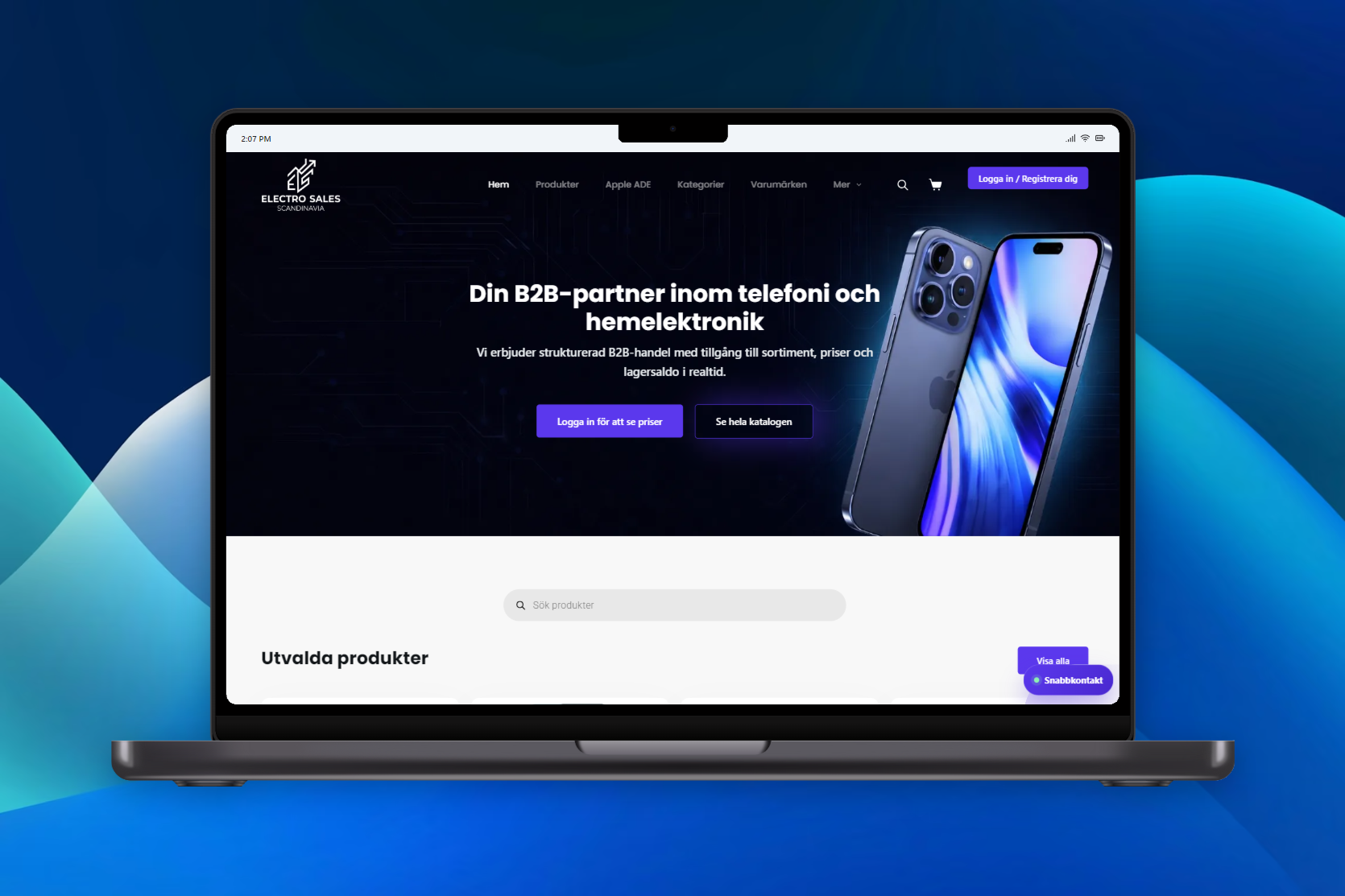 Electrosales webbplats med utvalda produkter, på en bärbar dator mot blå bakgrund