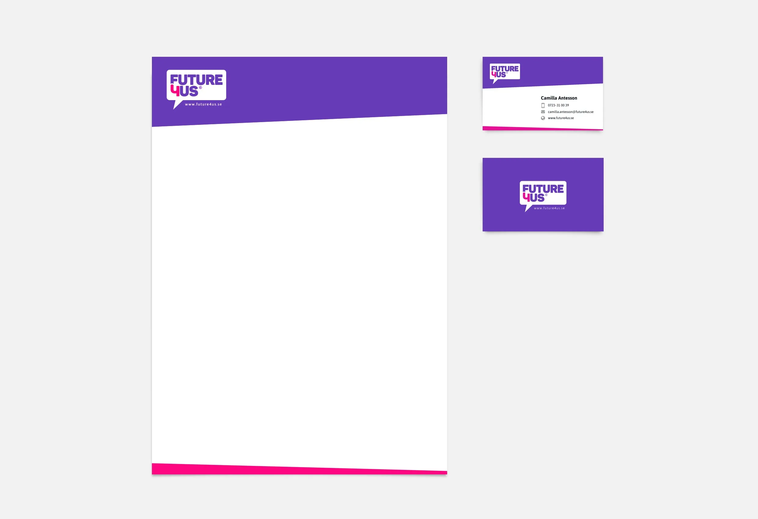 Brevpapper och två visitkort i lila och rosa med Future4Us logotyp