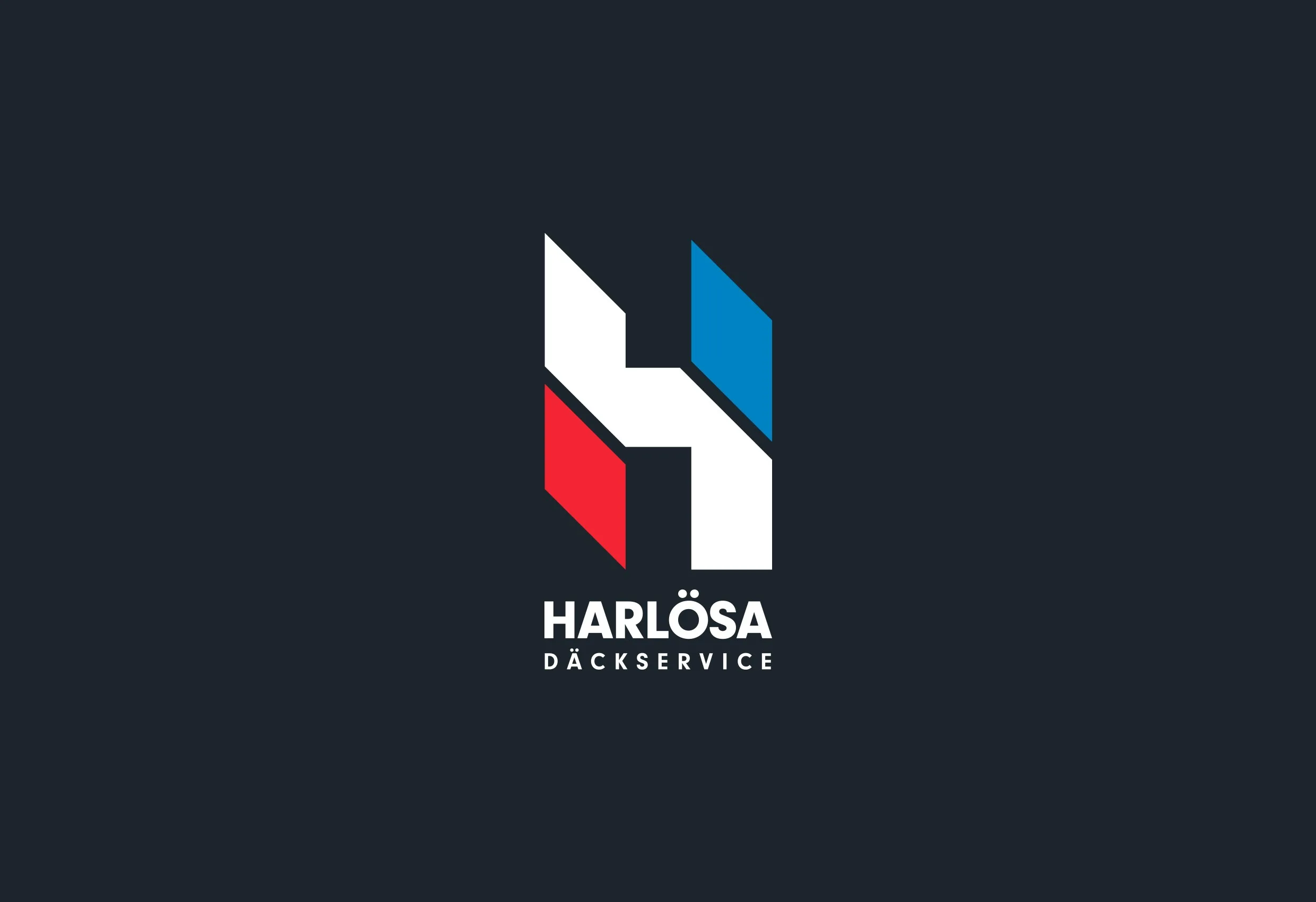Harlösa Däckservices logotyp, ett H i vitt, rött och blått, på mörk bakgrund