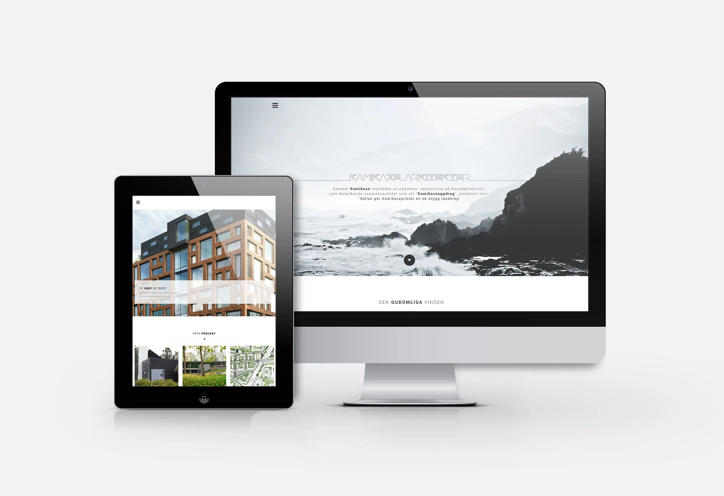 Webbplatsen på en datorskärm och en surfplatta: ljus design med en svartvit klippkust och bilder av byggnader