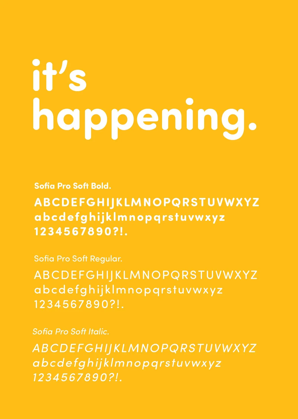 Typografiprov: texten ”it’s happening.” på gul botten och alfabet i tre snitt