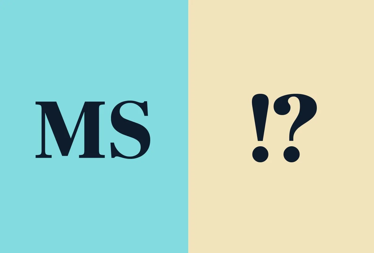 Typografiprov: bokstäverna ”MS” i mörkblått på turkos och ”!?” på gult