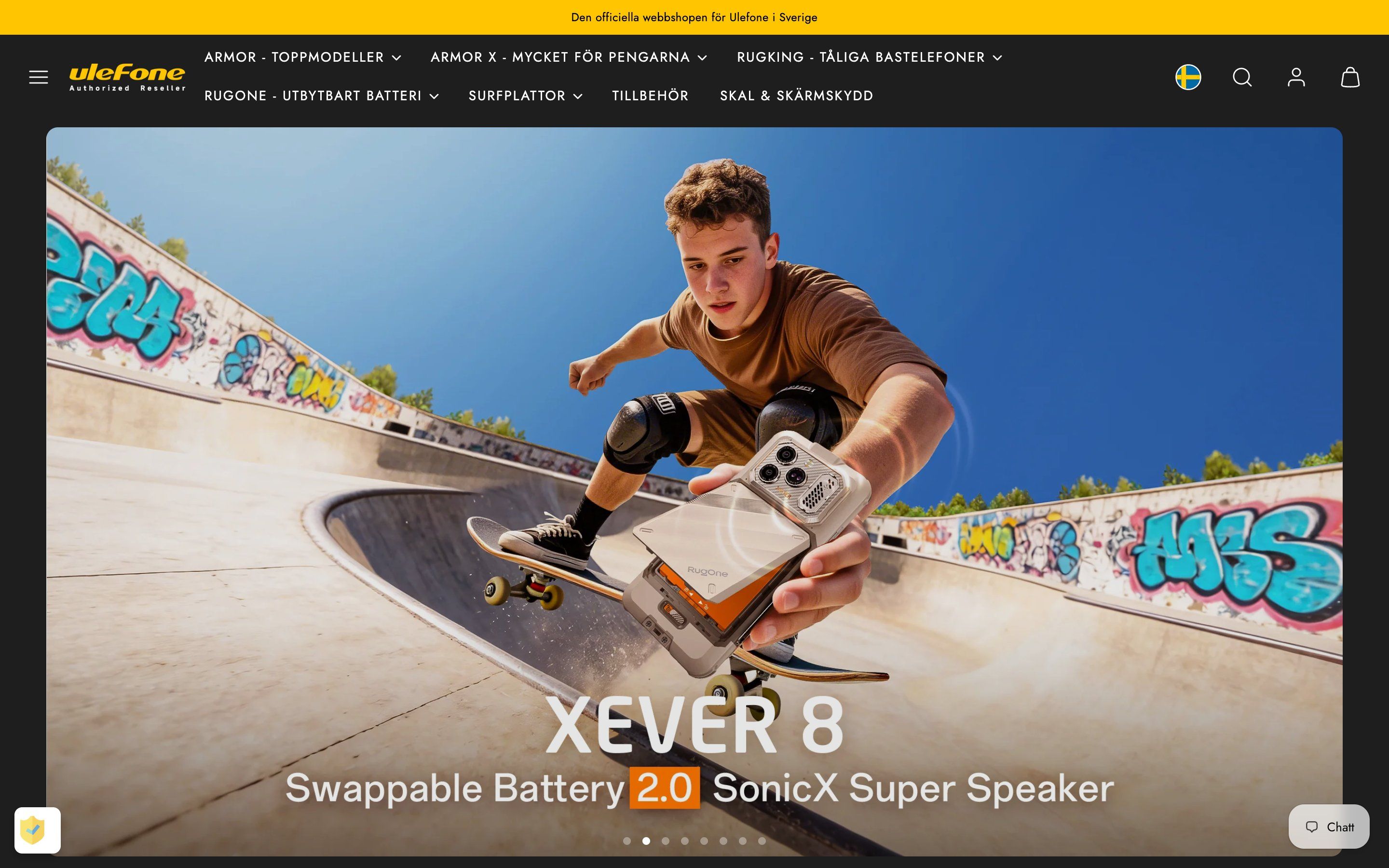 Startsidan på ulefone.se: en skateboardåkare med en mobil i handen under rubriken ”Xever 8”